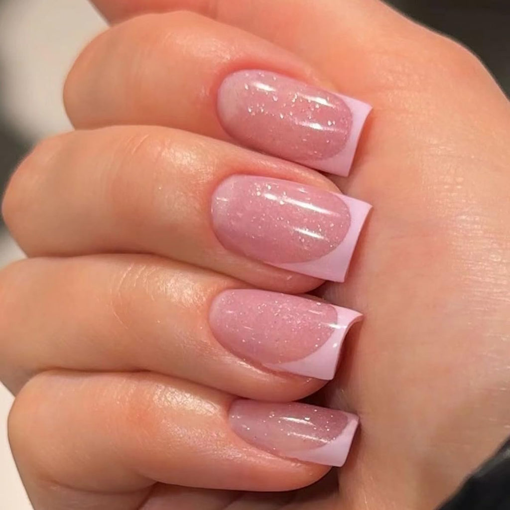 Dusty Pink Coffin Press-On Nails with Glitter & French Tips