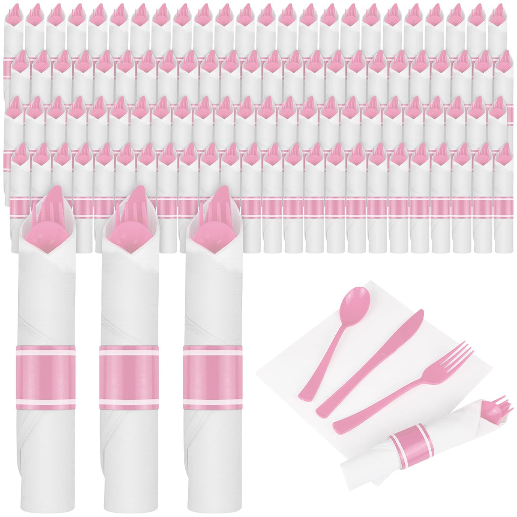 100Pack Pink Pre Rolled Plastic Silverware - Wrapped Pink Plastic Cutlery Set Include 100 Forks 100 Knives 100 Spoons and 100 Napkins Heavy Duty Disposable Silverware for Party Wedding(100 Pink)