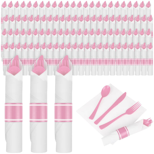 100Pack Pink Pre Rolled Plastic Silverware - Wrapped Pink Plastic Cutlery Set Include 100 Forks 100 Knives 100 Spoons and 100 Napkins Heavy Duty Disposable Silverware for Party Wedding(100 Pink)