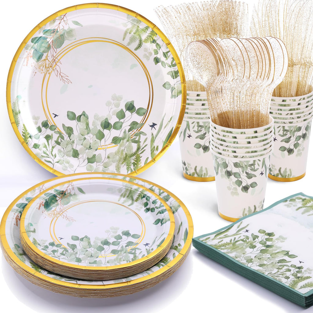 Primoplo Sage Green Plates and Napkins Party Supplies Sage Green Paper Plates Tableware Set Green Party Decorations for Baby Shower Gender Neutral Birthday Bride Shower wedding Table Decor，Serves 24