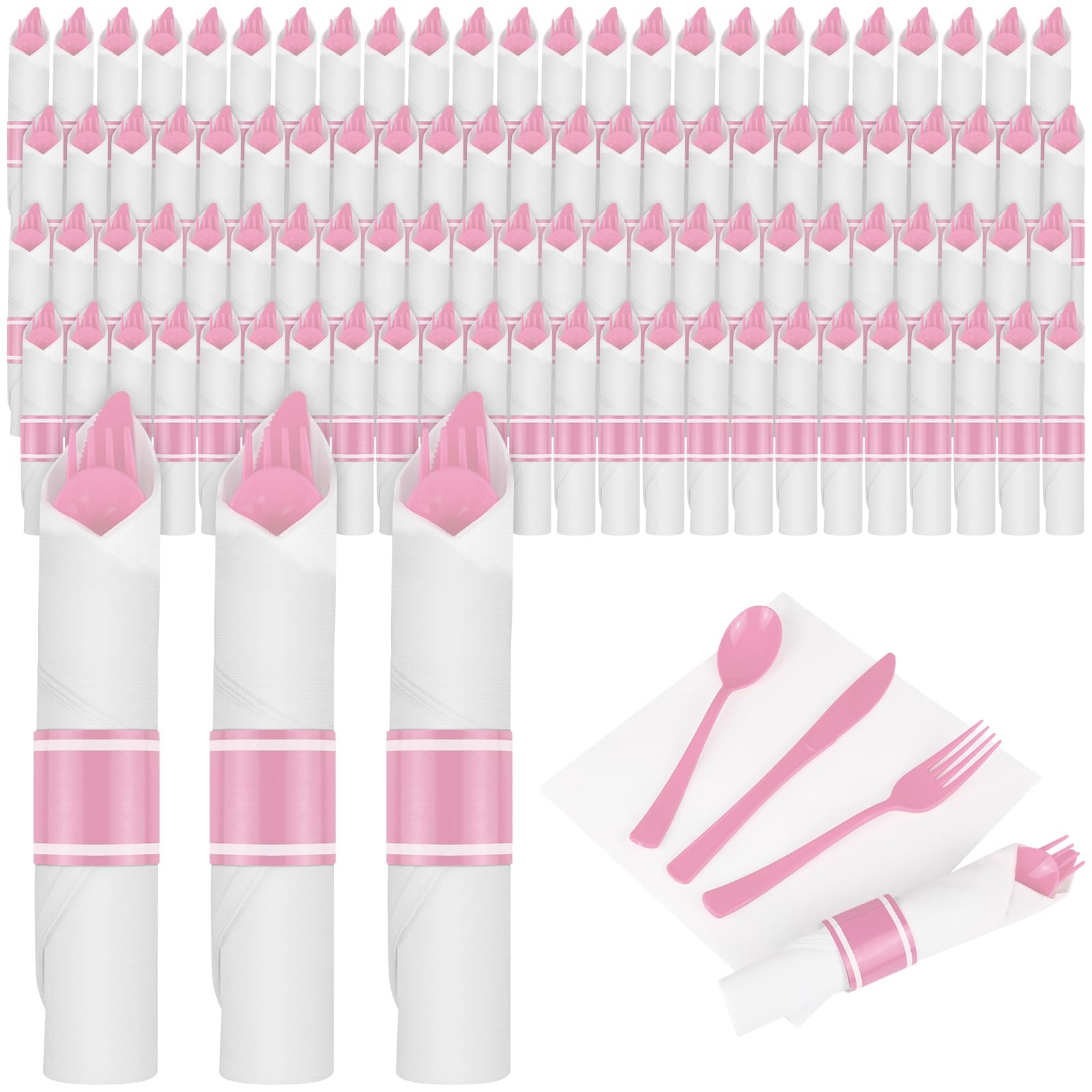 100Pack Pink Pre Rolled Plastic Silverware - Wrapped Pink Plastic Cutlery Set Include 100 Forks 100 Knives 100 Spoons and 100 Napkins Heavy Duty Disposable Silverware for Party Wedding(100 Pink)