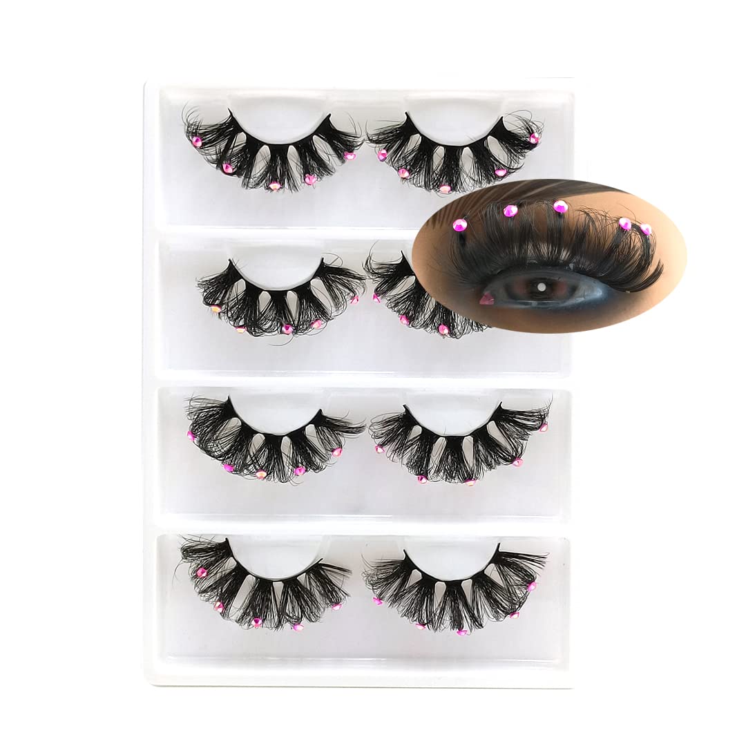 Mink Lashes with Pink Rhinestone Gems - 4 Pairs