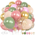 Assorted balloons in pink, green, gold, and beige on a white background