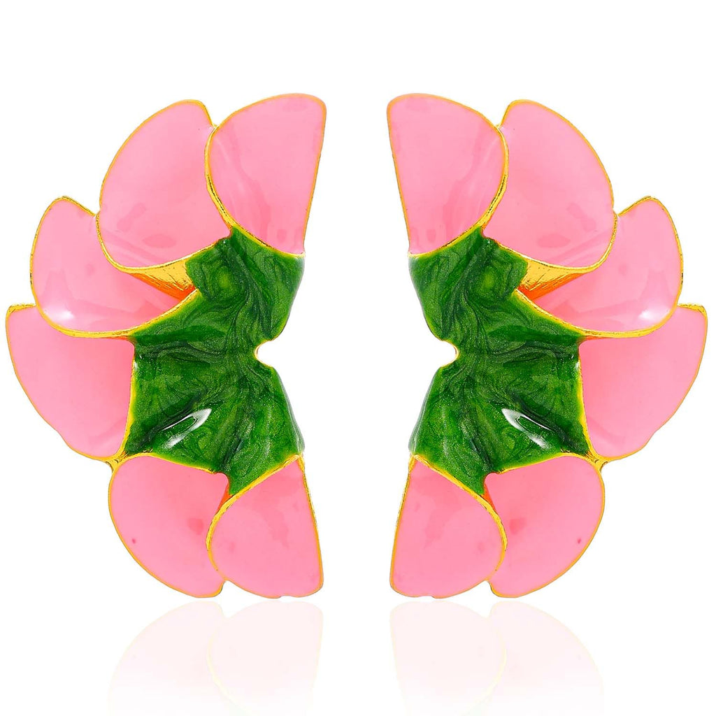 Pair of pink and green floral earrings on a white background