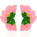 Pair of pink and green floral earrings on a white background