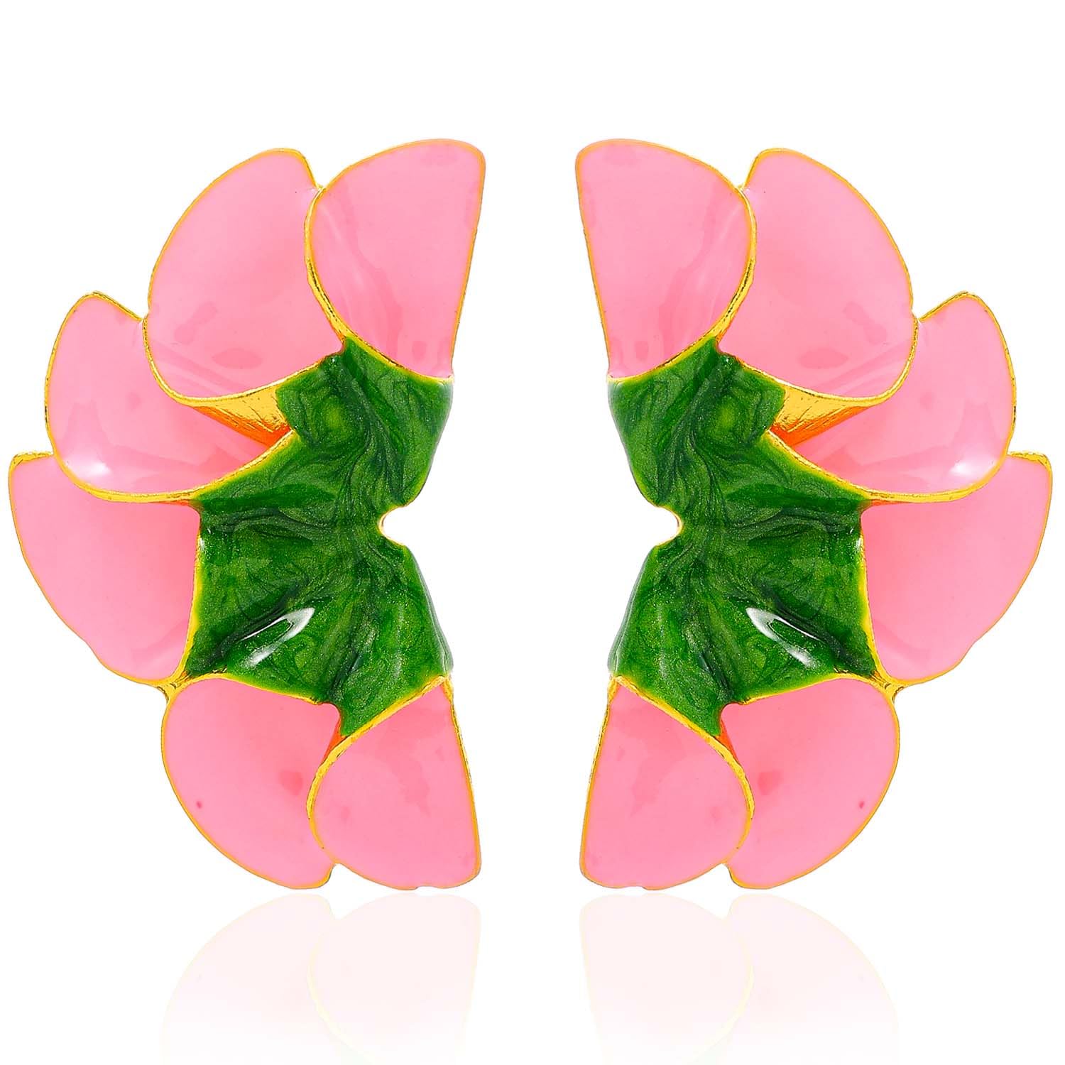 Pair of pink and green floral earrings on a white background