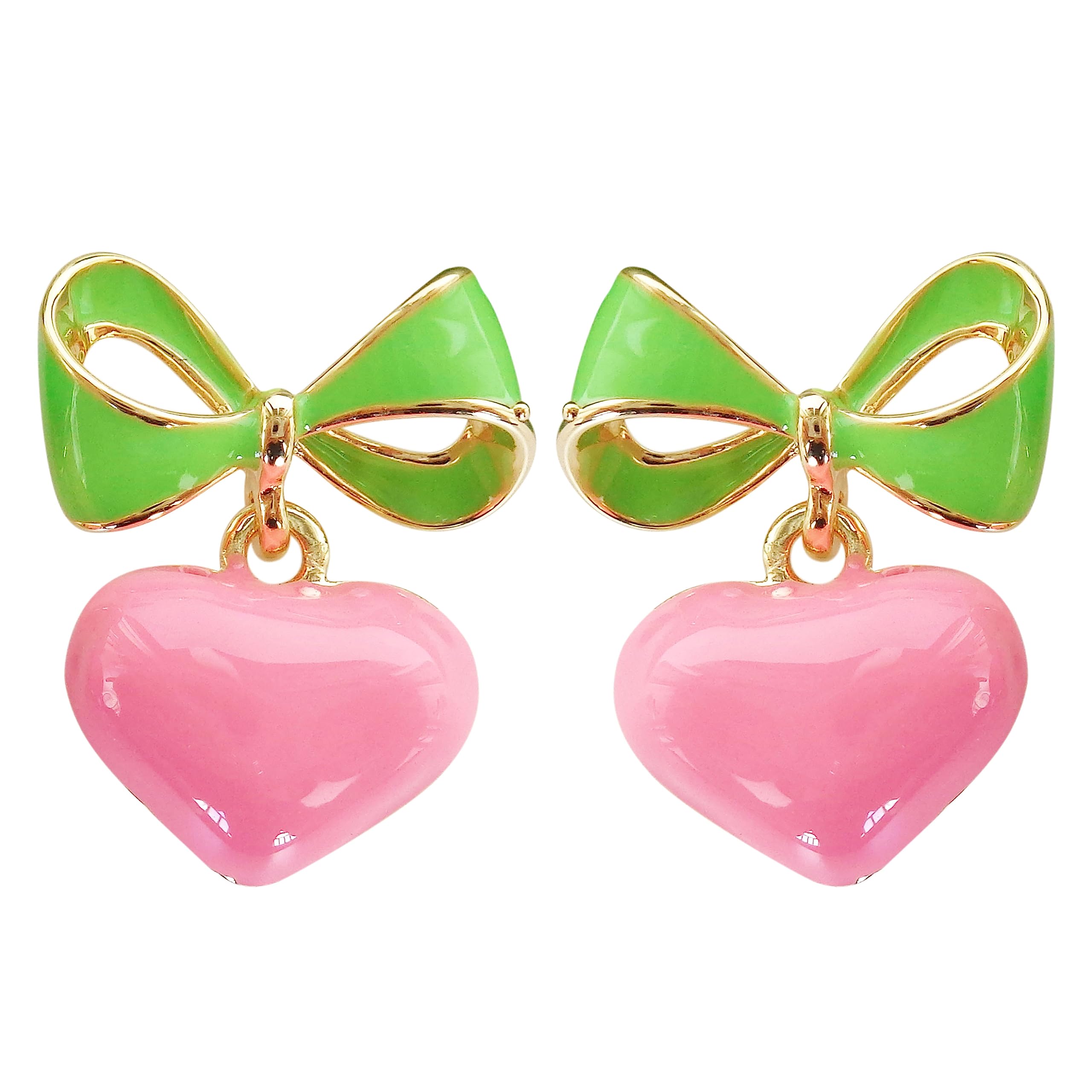 Navachi 18k Gold Plated Bow Heart Candy Green Pink Enamel Womens Fashion Elegant Ear Stud Az1853e Earrings